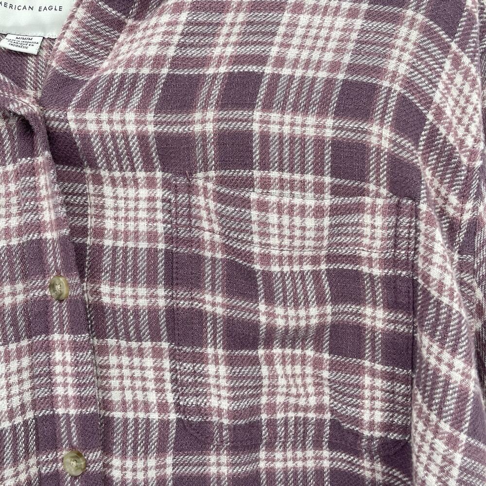 American Eagle Women's M Plaid Flannel Hoodie Button Up Shirt Western Cozy Boho - Picture 4 of 11